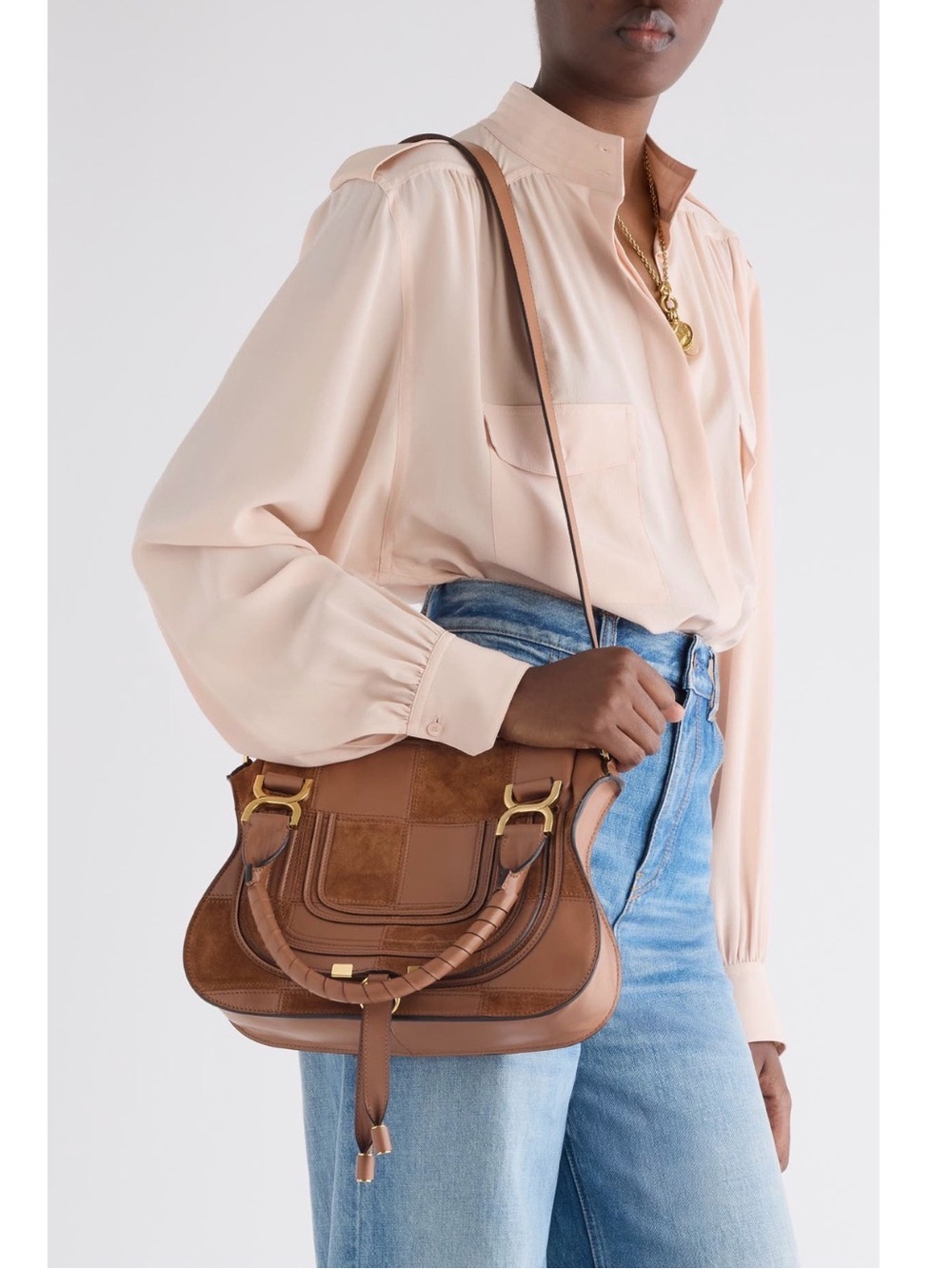 The Chloé Marcie Leather & Suede Patchwork Satchel in Dusty Tan NWT - Picture 4 of 17